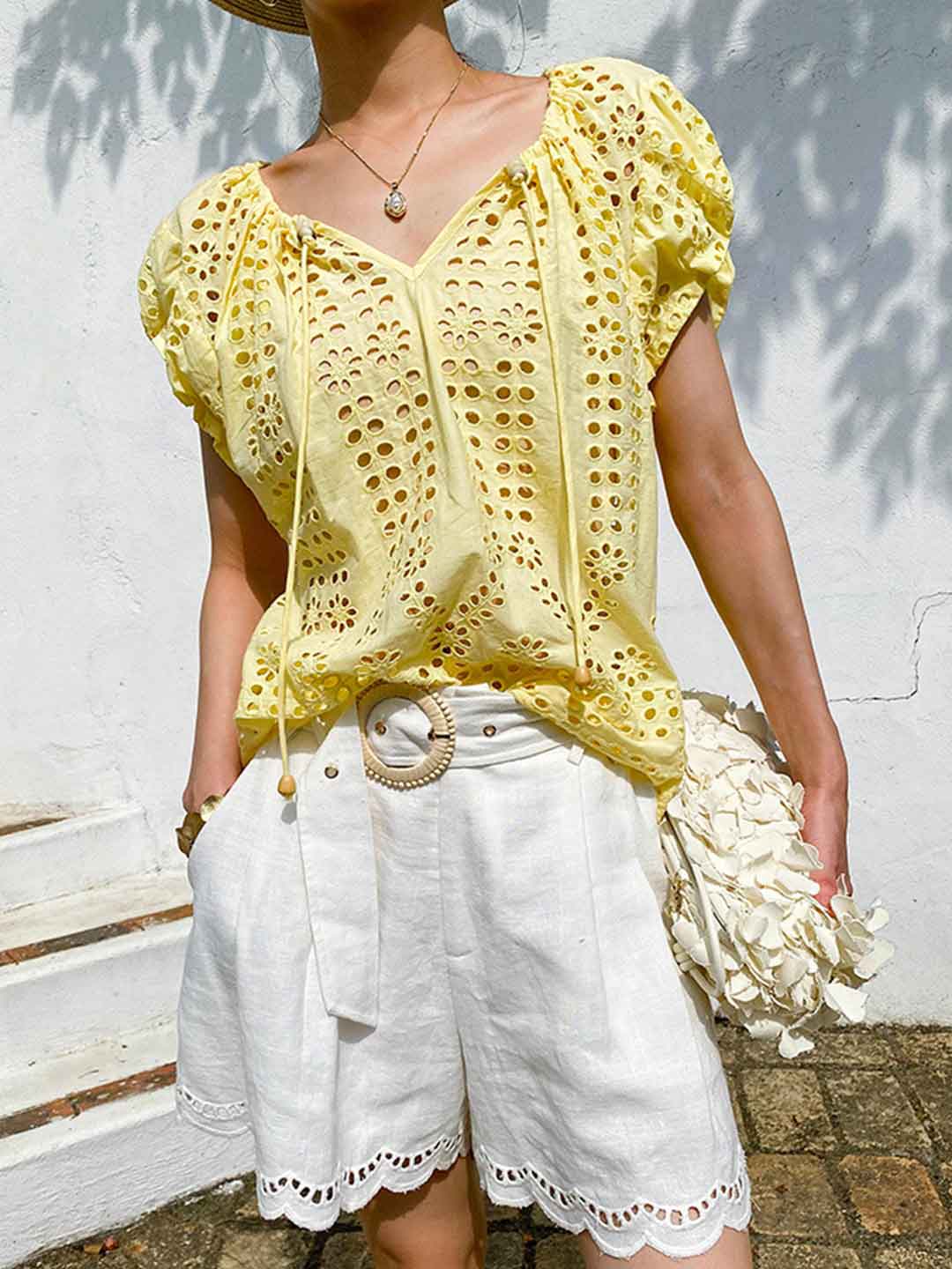 Zoe Vacation V-Neck Hollowed Embroidered Top