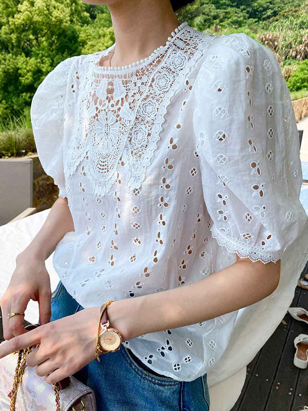 Layla Vacation Crew Neck Lace Embroidered Top