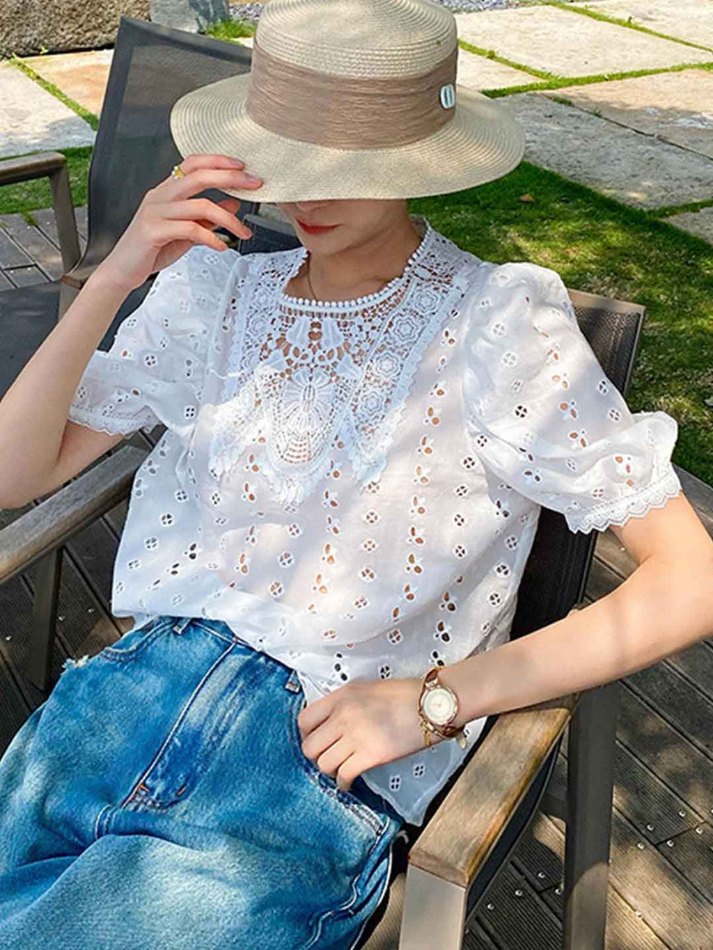 Layla Vacation Crew Neck Lace Embroidered Top