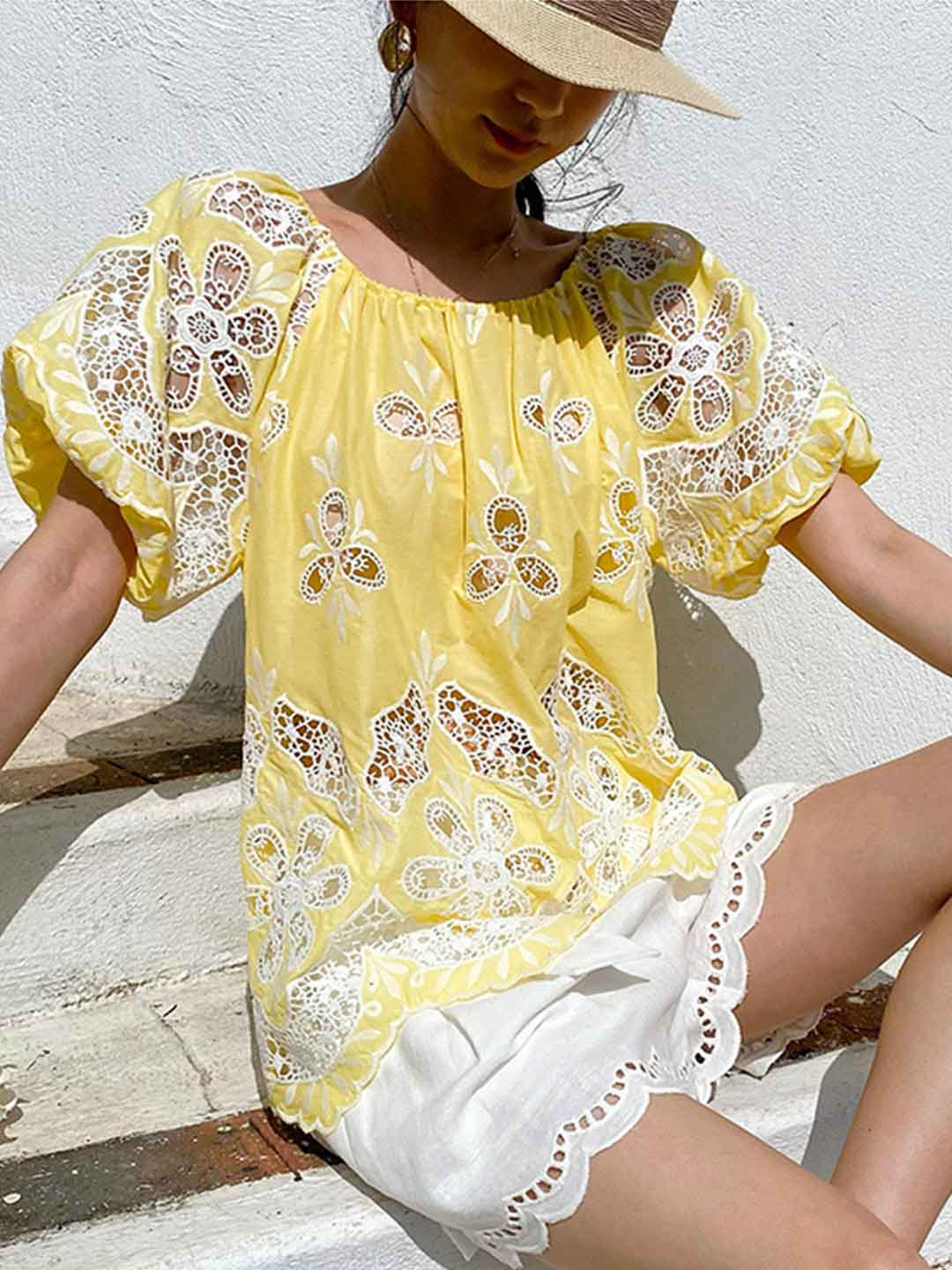 Makayla Loose Off-Shoulder Puff Sleeve Embroidered Top