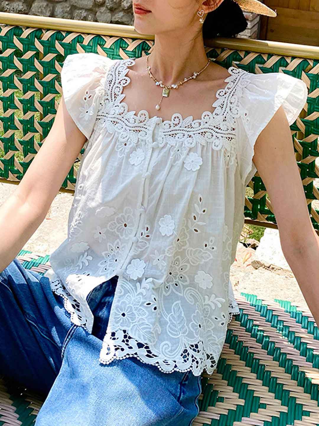 Sydney Vacation Square Neck Crochet Embroidered Top