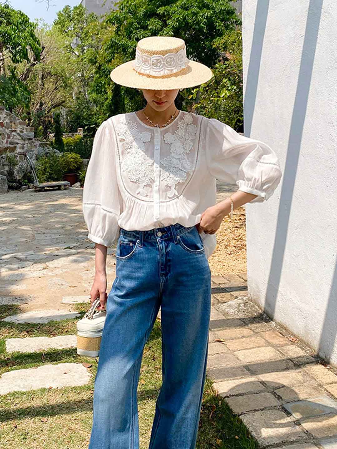 Audrey Vintage Crew Neck Embroidered Blouse