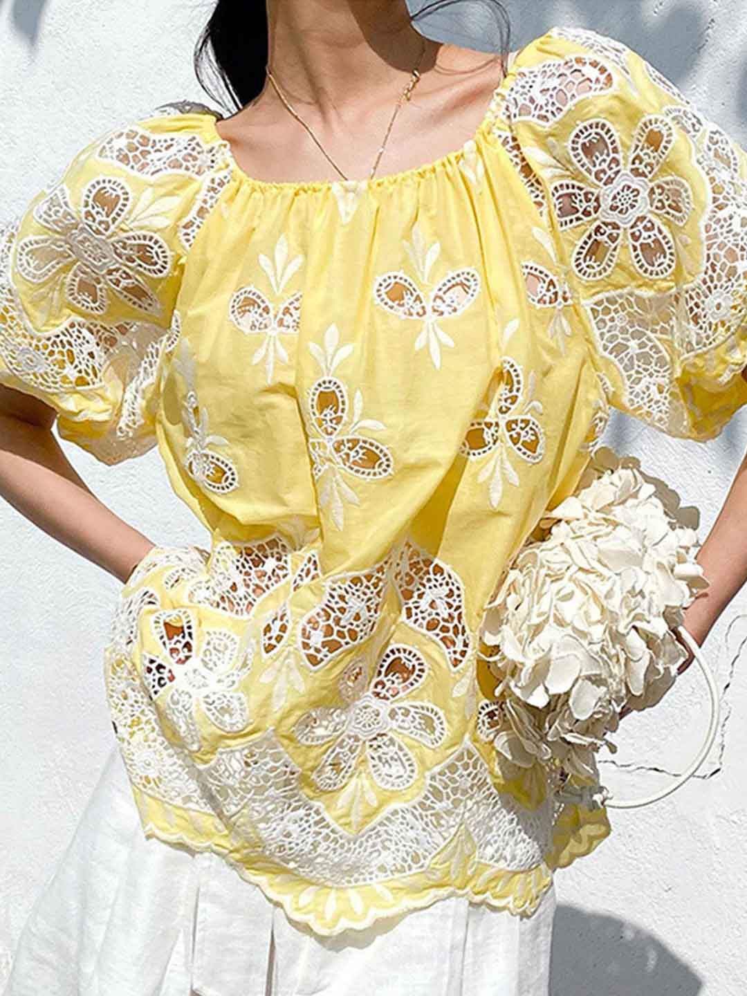 Makayla Loose Off-Shoulder Puff Sleeve Embroidered Top