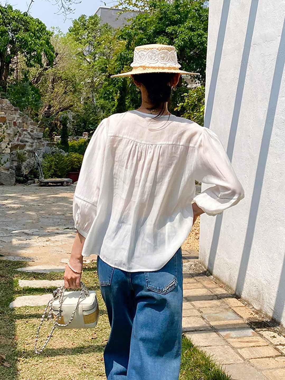 Audrey Vintage Crew Neck Embroidered Blouse