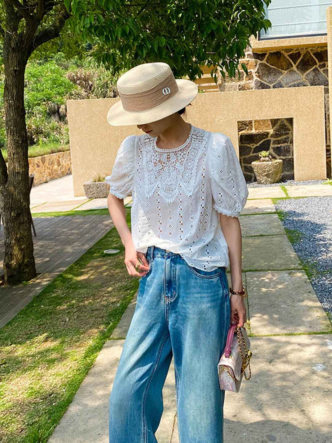 Layla Vacation Crew Neck Lace Embroidered Top