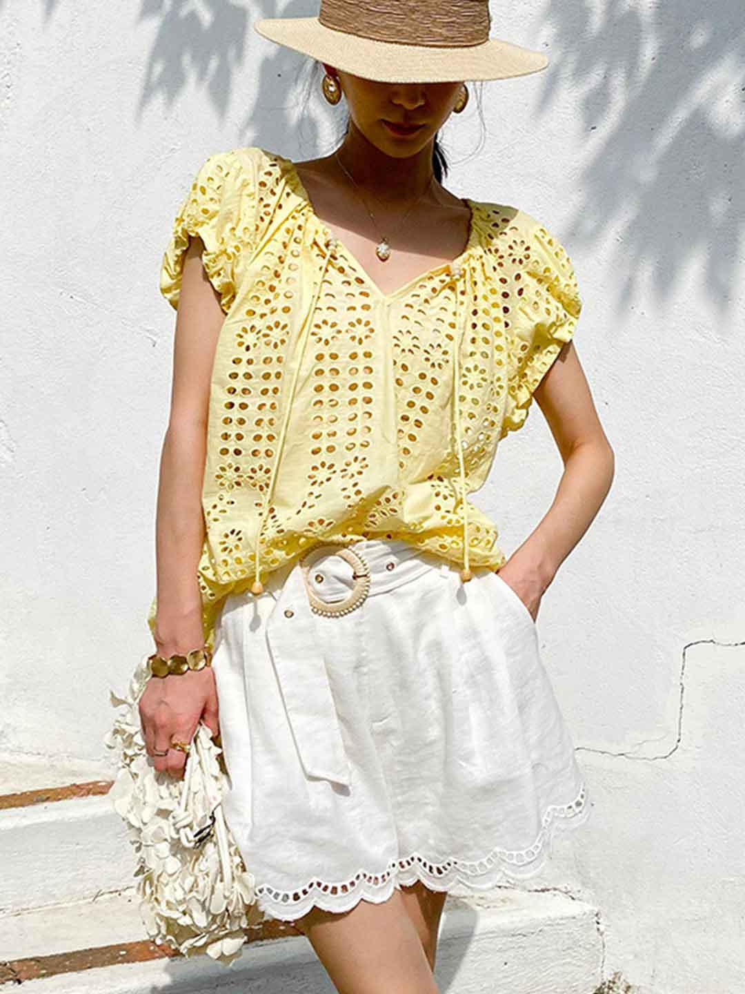 Zoe Vacation V-Neck Hollowed Embroidered Top