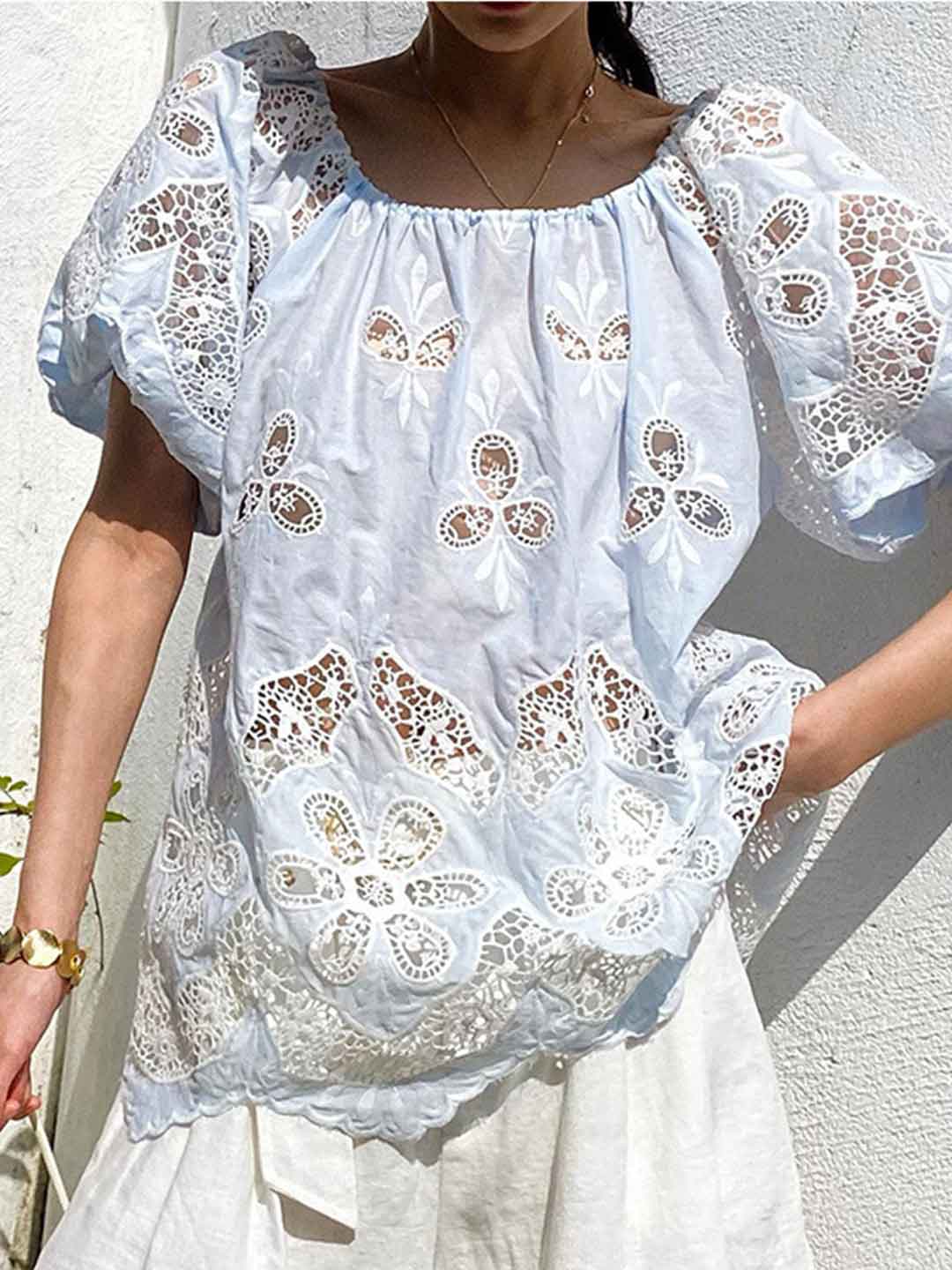 Makayla Loose Off-Shoulder Puff Sleeve Embroidered Top