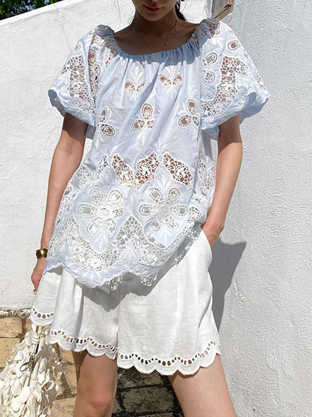 Makayla Loose Off-Shoulder Puff Sleeve Embroidered Top